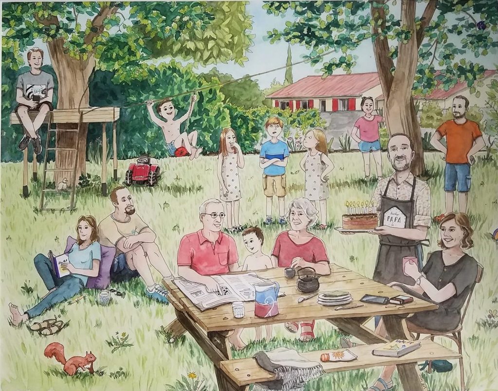 portrait de famille dans un jardin à l'aquarelle