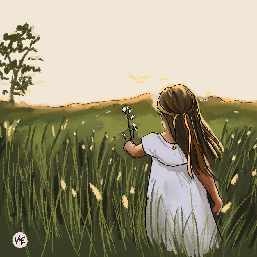 Création digitale enfant marchant dans un pré par Virginie Menot